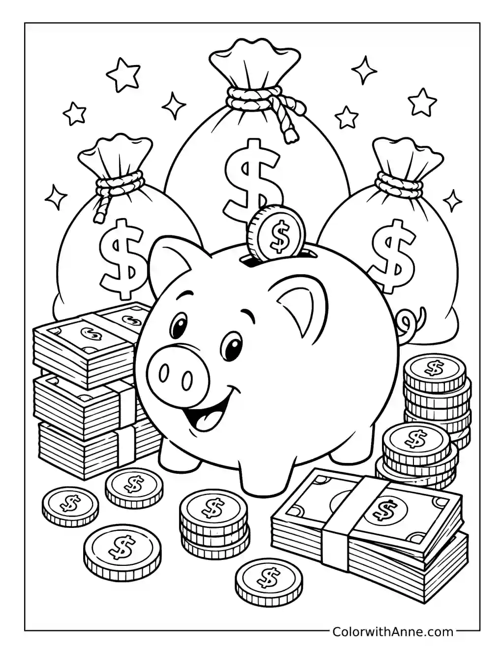 Piggy Bank With Money Bags and Coins coloring page