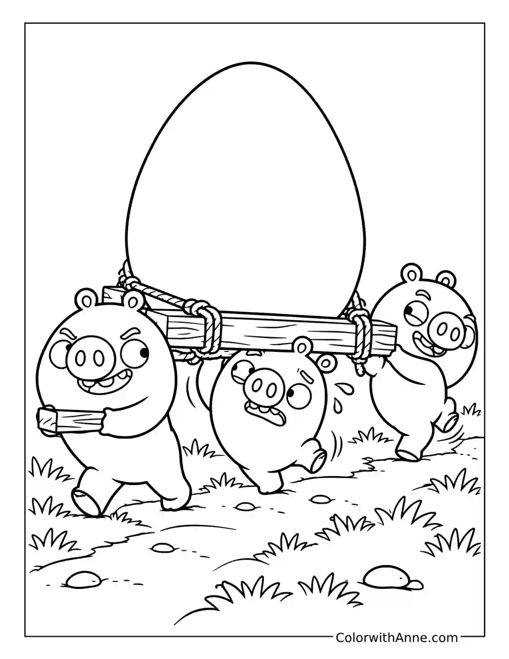 Three pigs carry a giant stolen egg on a wooden litter across a rocky grassy path.