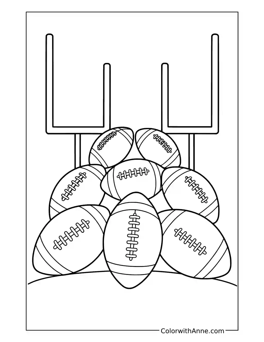 Pile of Footballs beneath Goalposts coloring page