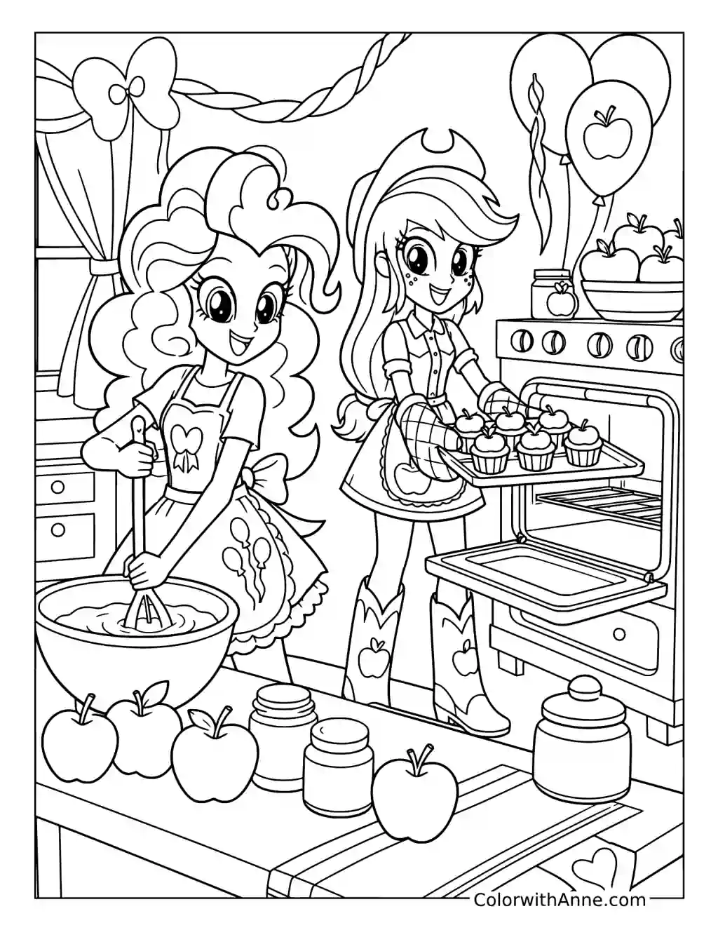 Pinkie Pie and Applejack Baking Cupcakes coloring page