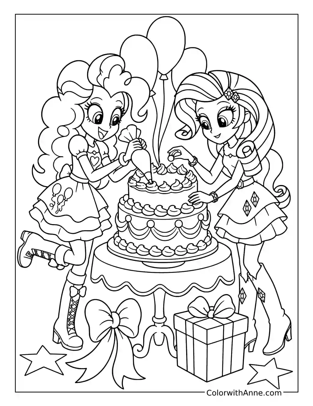 Pinkie Pie and Rarity Decorating a Cake coloring page