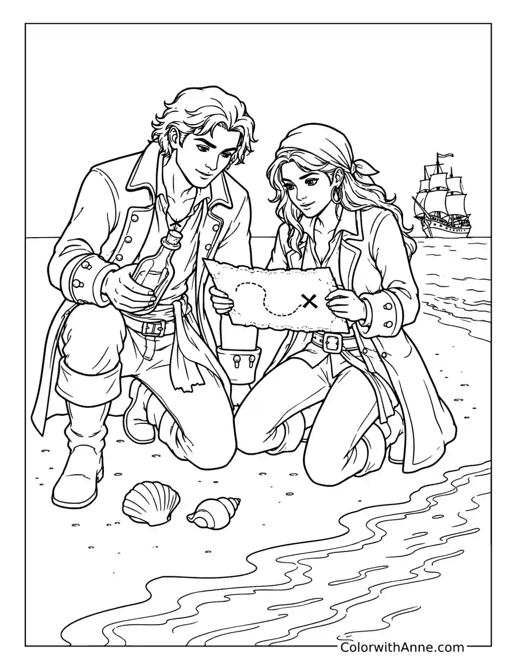 Pirate Adventurers Discover a Treasure Map coloring page