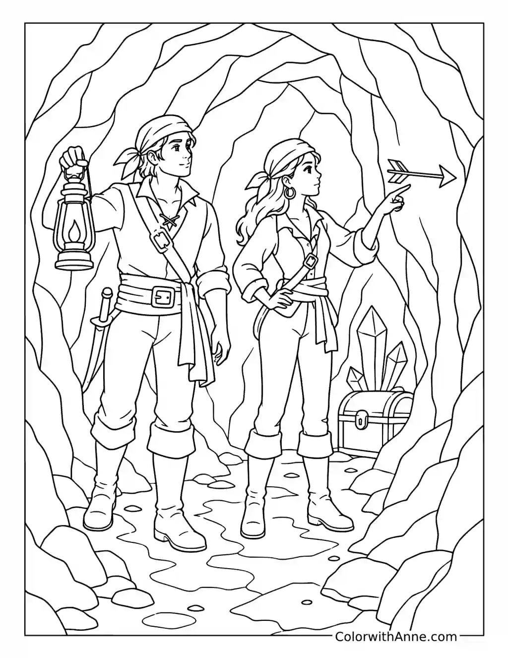 Pirate Adventurers Explore a Crystal Treasure Cave coloring page