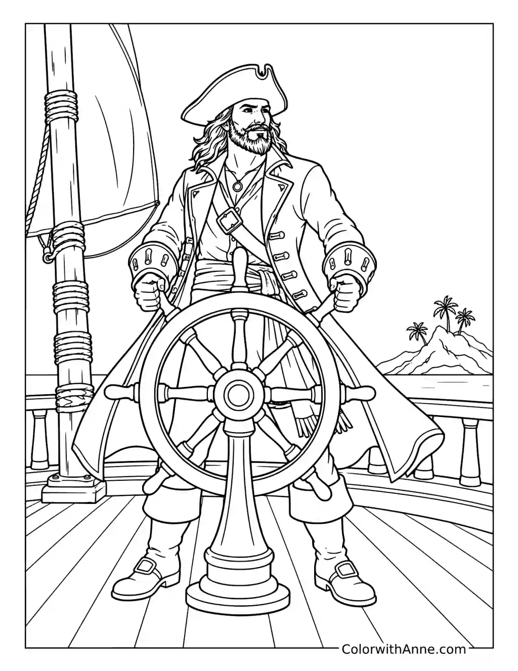 Pirate Captain at the Ship’s Wheel coloring page