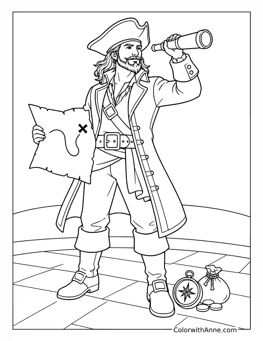 Pirate Captain with Map and Spyglass coloring page