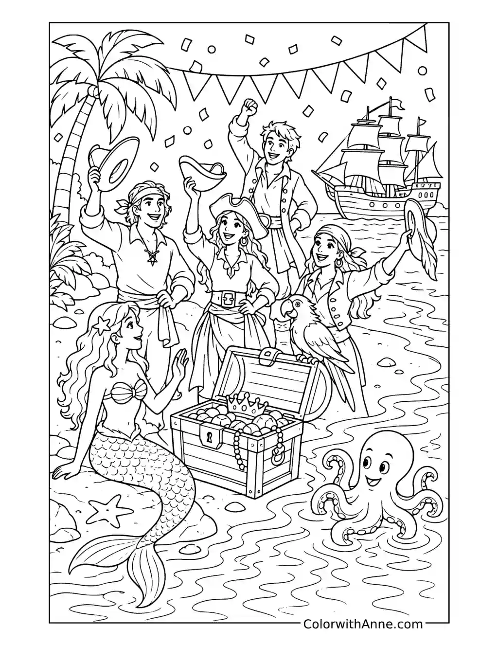 Pirate Crew Celebrates on Treasure Island coloring page