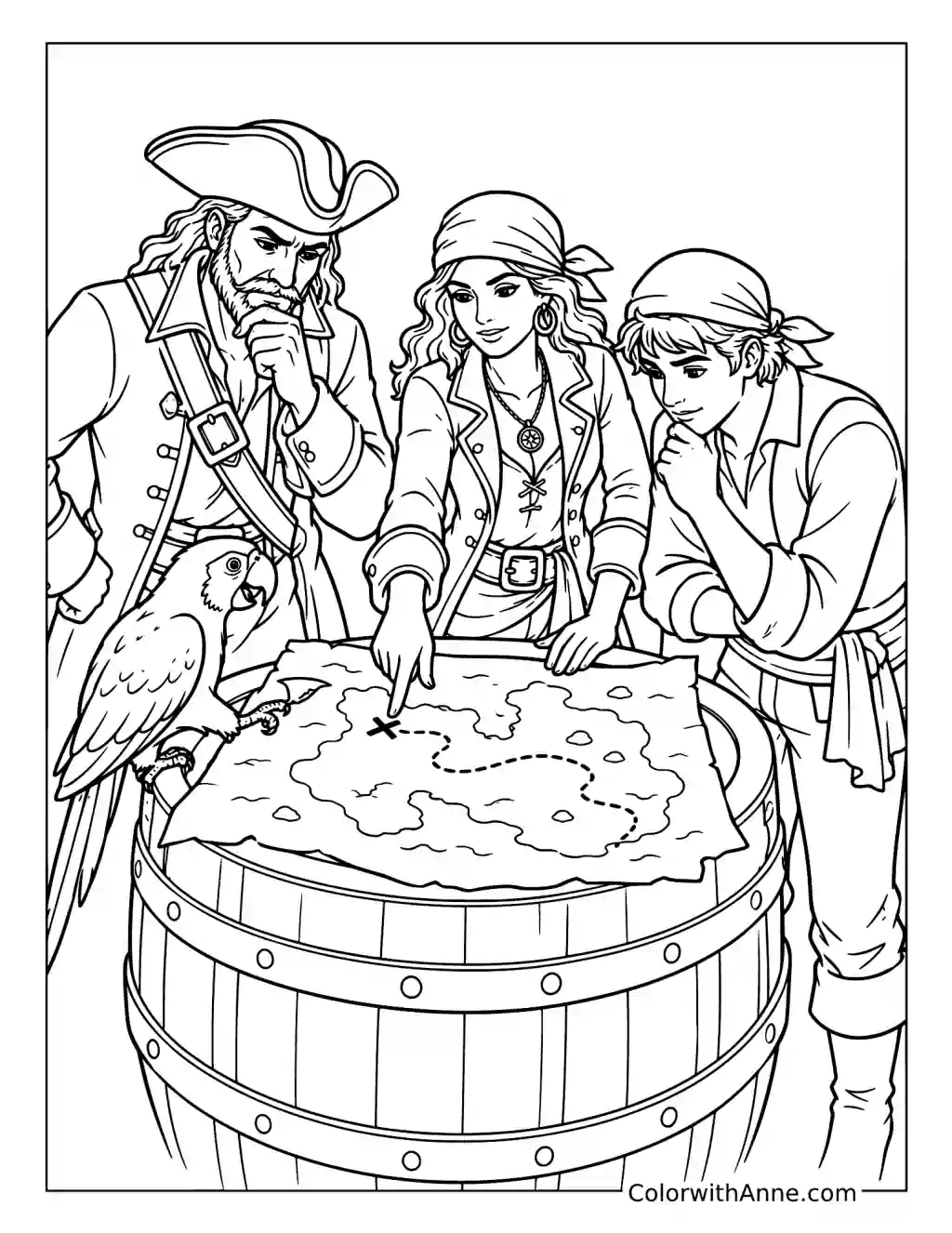 Pirate Crew Studies a Treasure Map coloring page