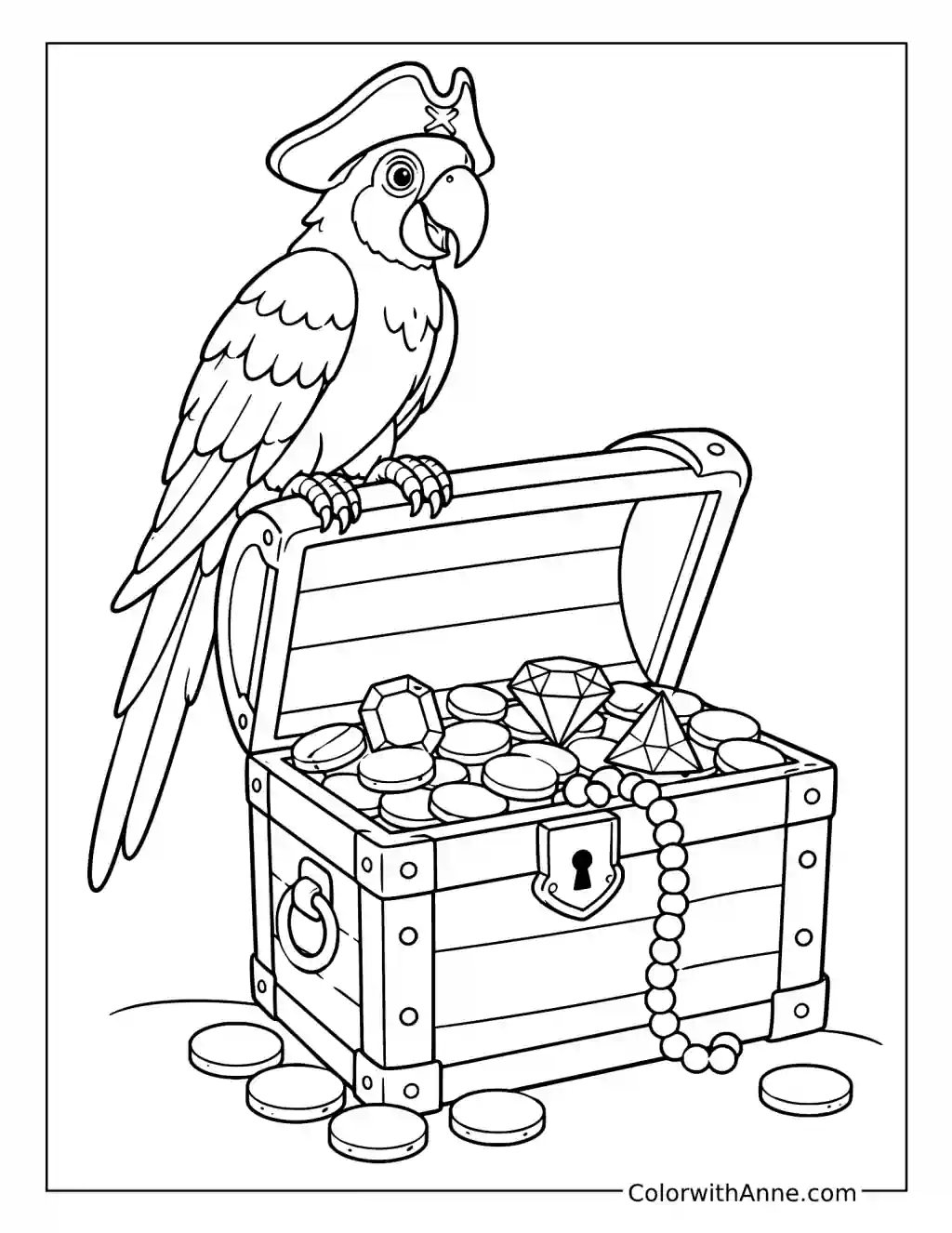 Pirate Parrot on a Treasure Chest coloring page