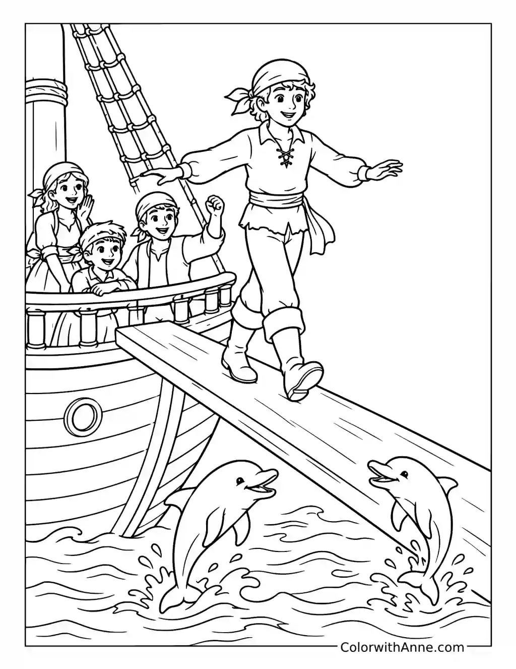 Pirate’s Plank Adventure with Playful Dolphins coloring page