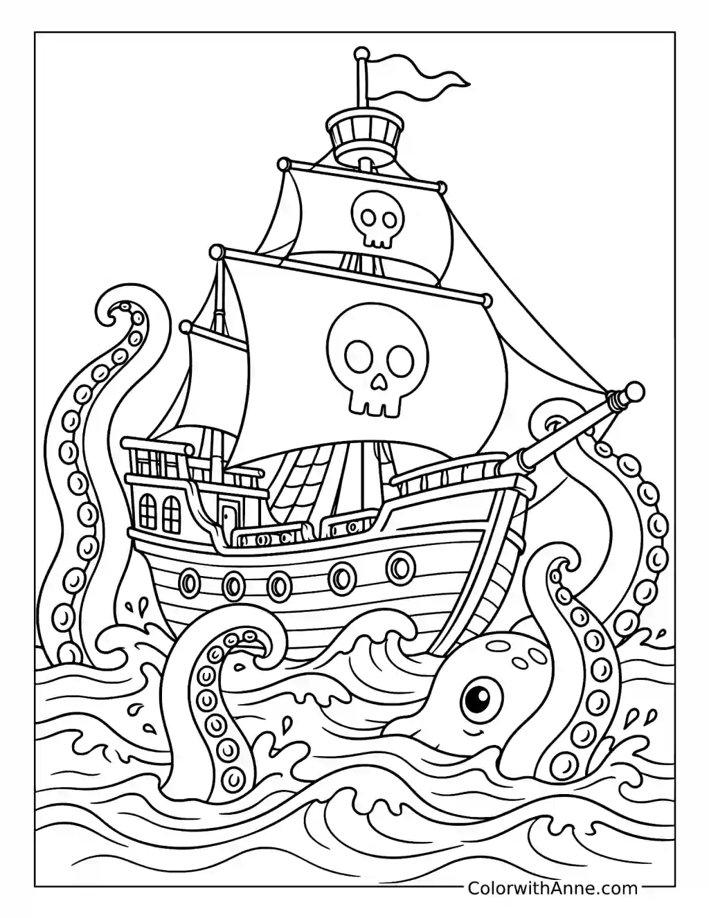 Pirate Ship and Friendly Kraken coloring page