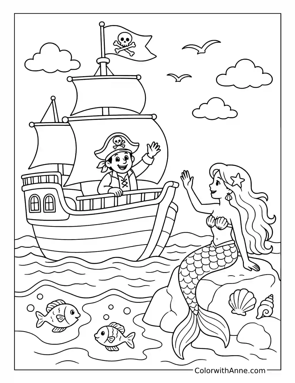 Pirate Ship and Mermaid Encounter coloring page