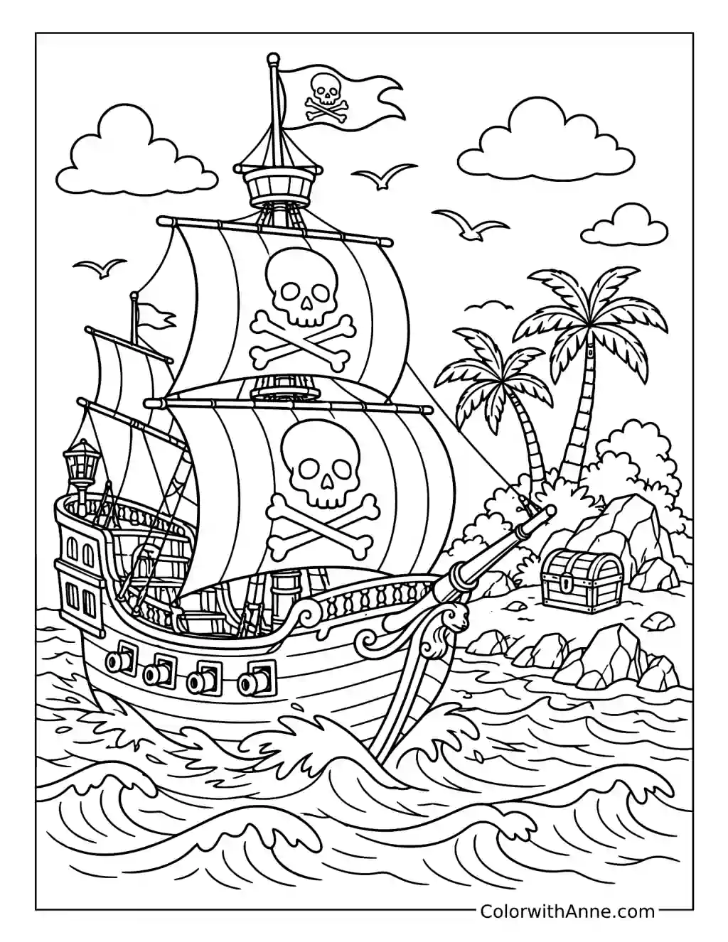 Pirate Ship Approaching Treasure Island coloring page