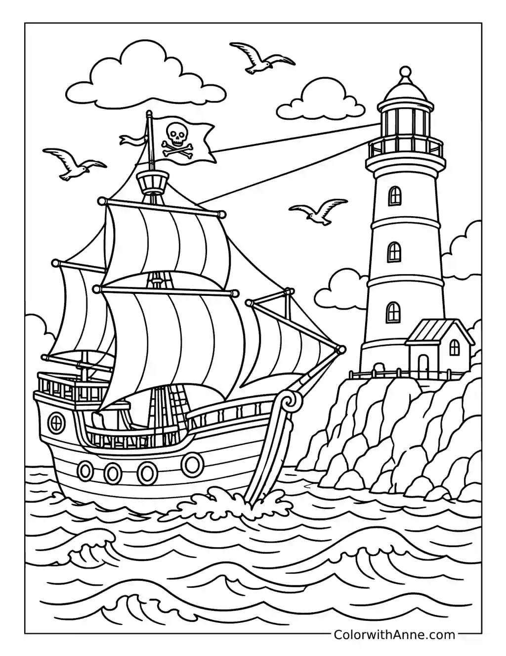 Pirate Ship Beside a Lighthouse coloring page