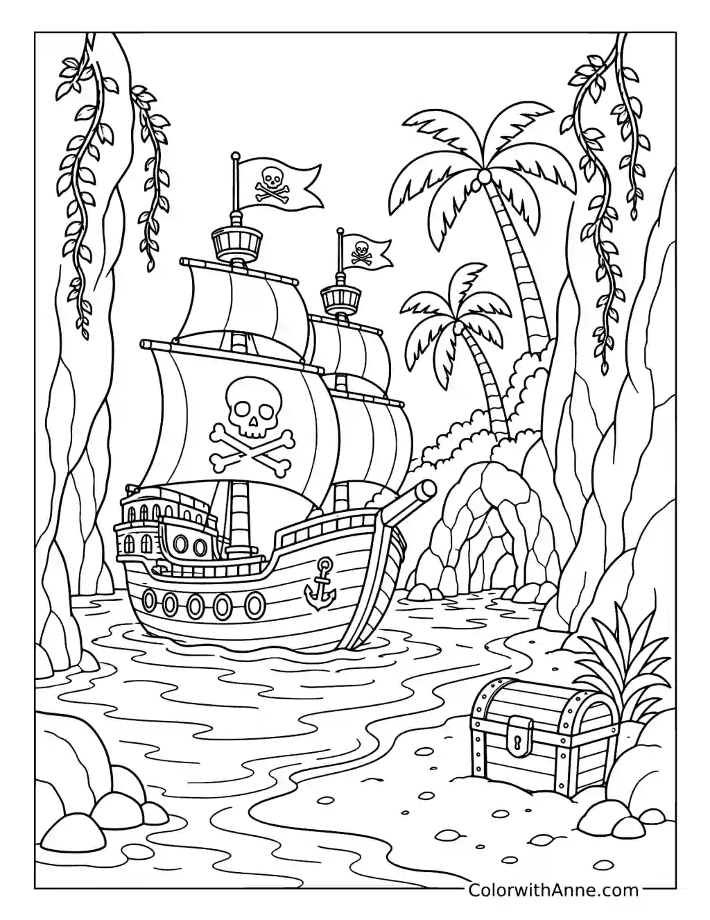 Pirate Ship Entering a Hidden Cove coloring page