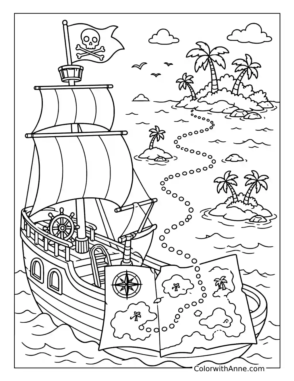 Pirate Ship Following a Treasure Map coloring page