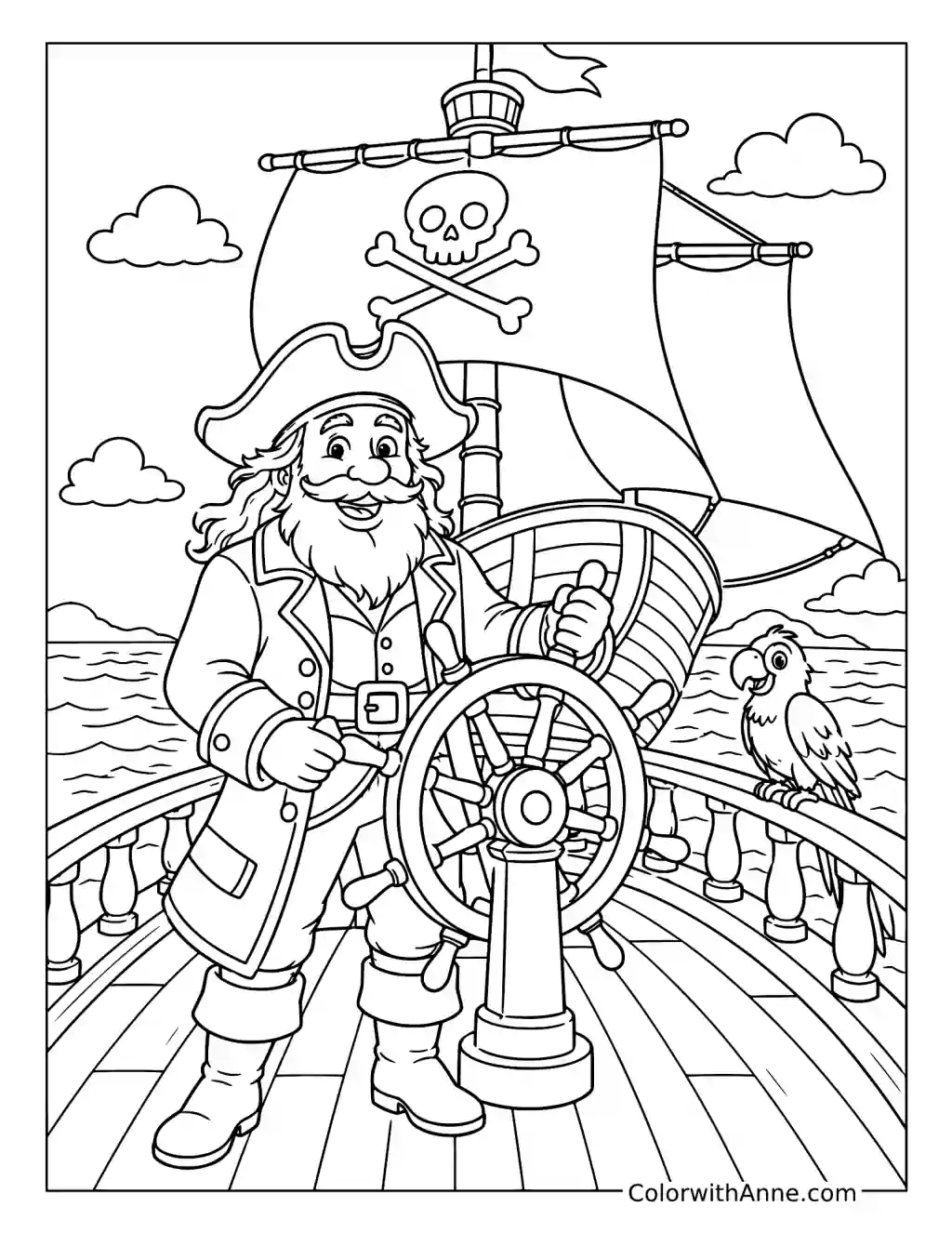 Pirate Ship Pirate Captain at the Ship's Wheel coloring page