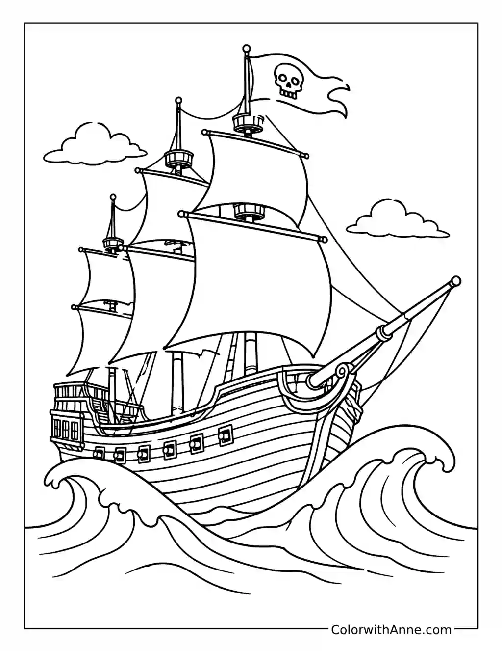 Pirate Ship Riding Rolling Waves coloring page