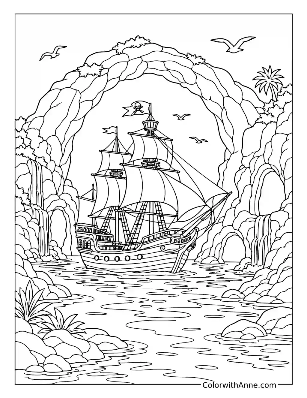 Pirate Ship Sailing Through a Sea Arch coloring page