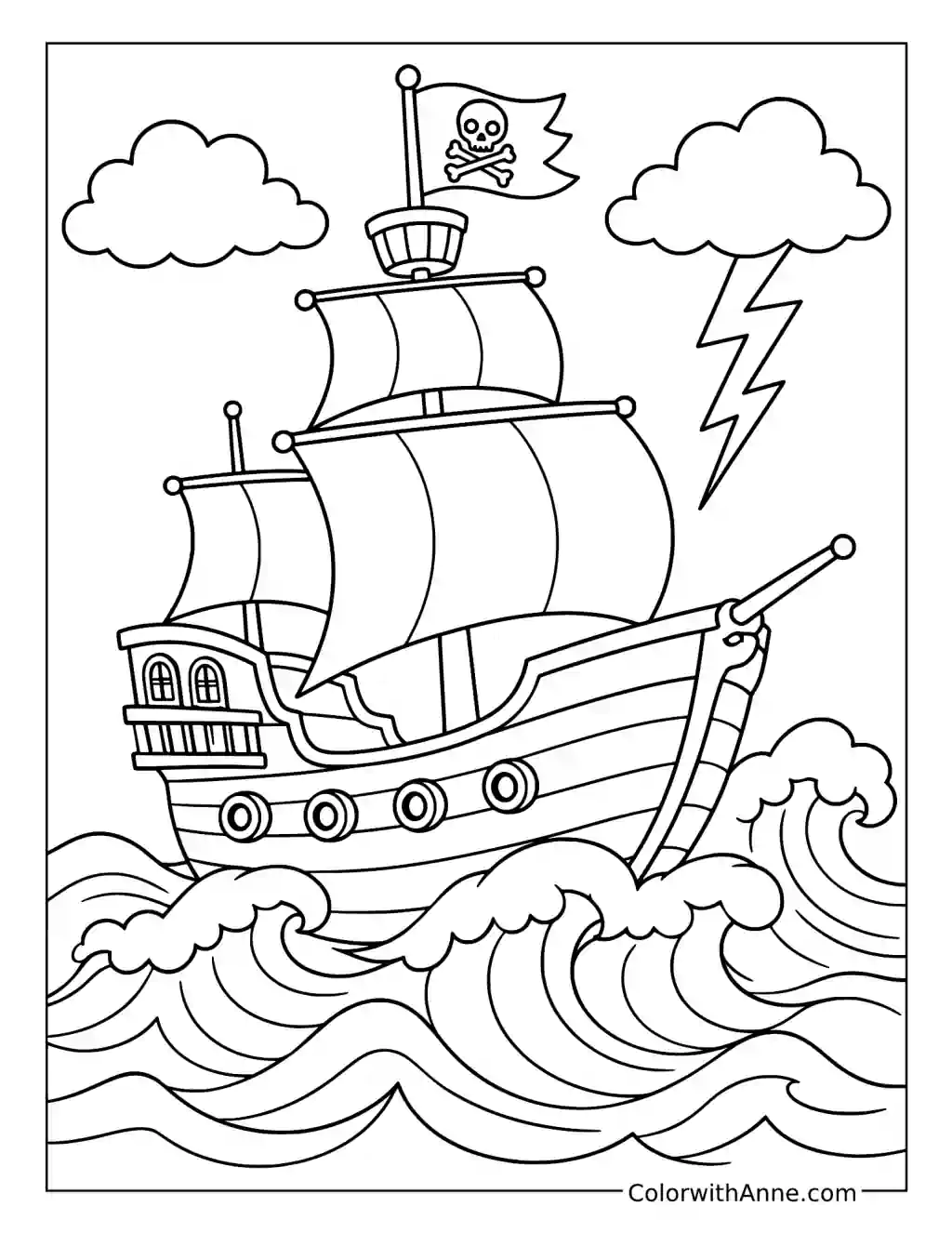 Pirate Ship Sailing Through a Storm coloring page