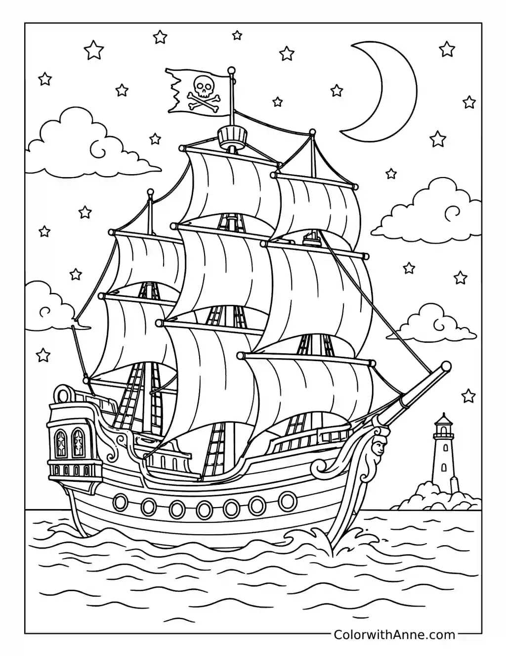 Pirate Ship Under a Starry Sky coloring page