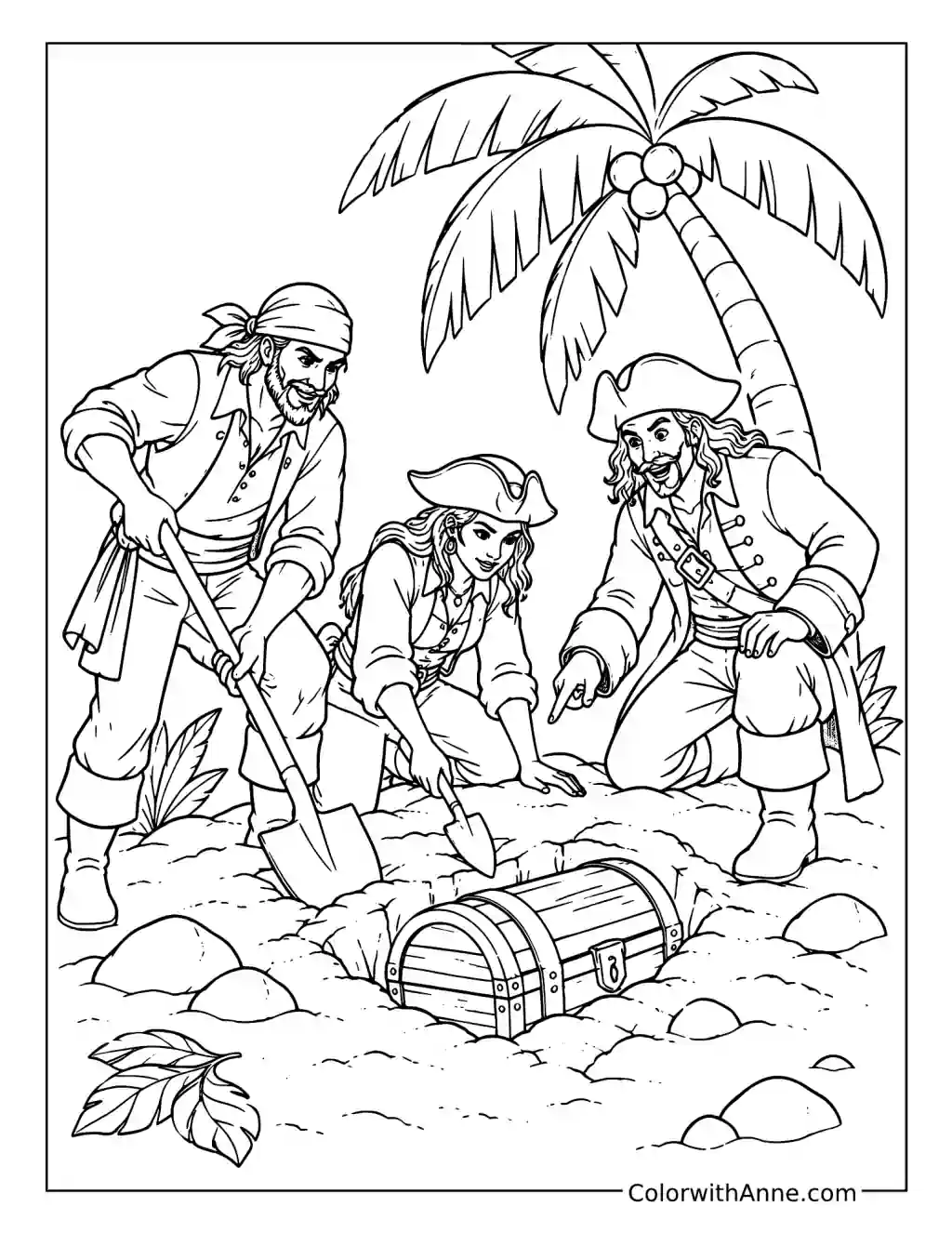 Pirates Unearth Treasure Beneath a Palm coloring page