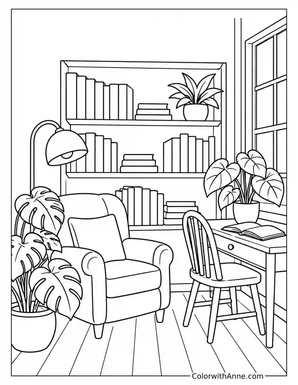 Plant-Filled Library Reading Nook coloring page