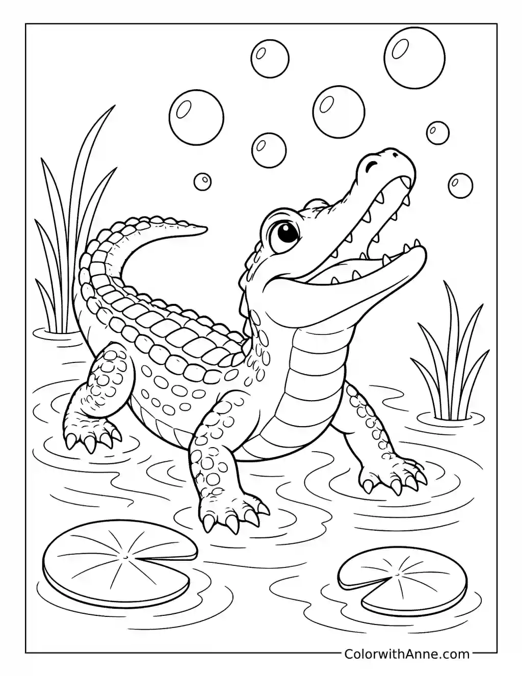Playful Baby Alligator Catching Bubbles coloring page