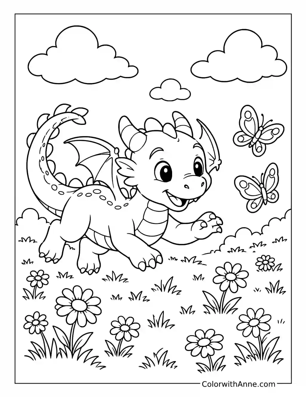 Playful Baby Dragon Chasing Butterflies coloring page
