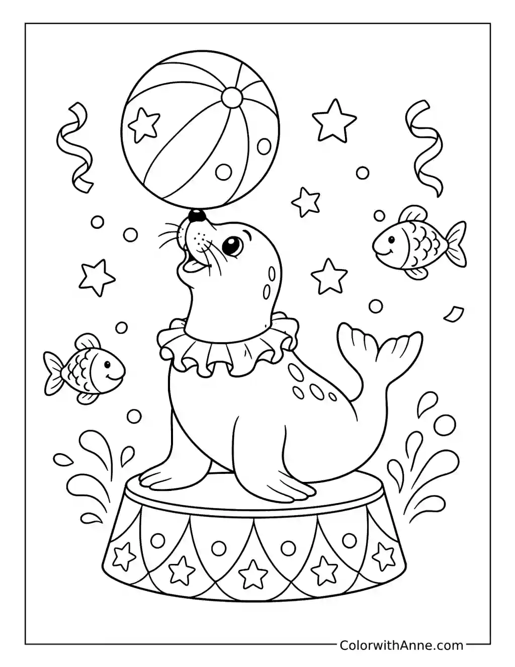 Playful Circus Seal with a Ball coloring page