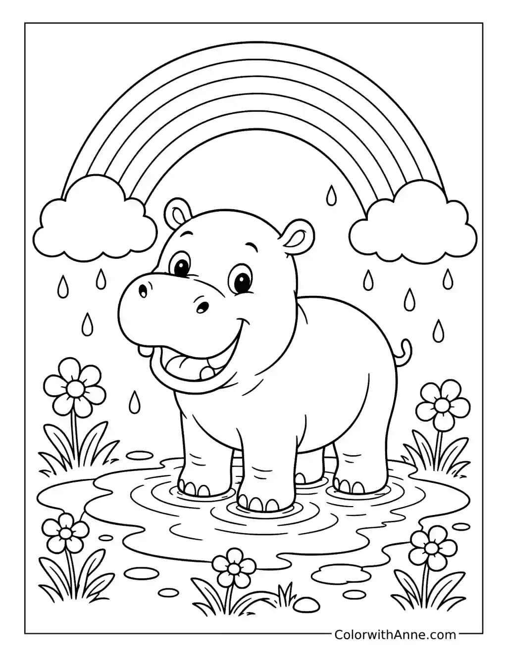 Playful Hippo Beneath a Rainbow coloring page