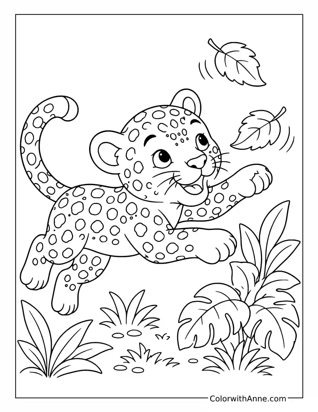 Playful Jaguar Cub Chasing Falling Leaves coloring page