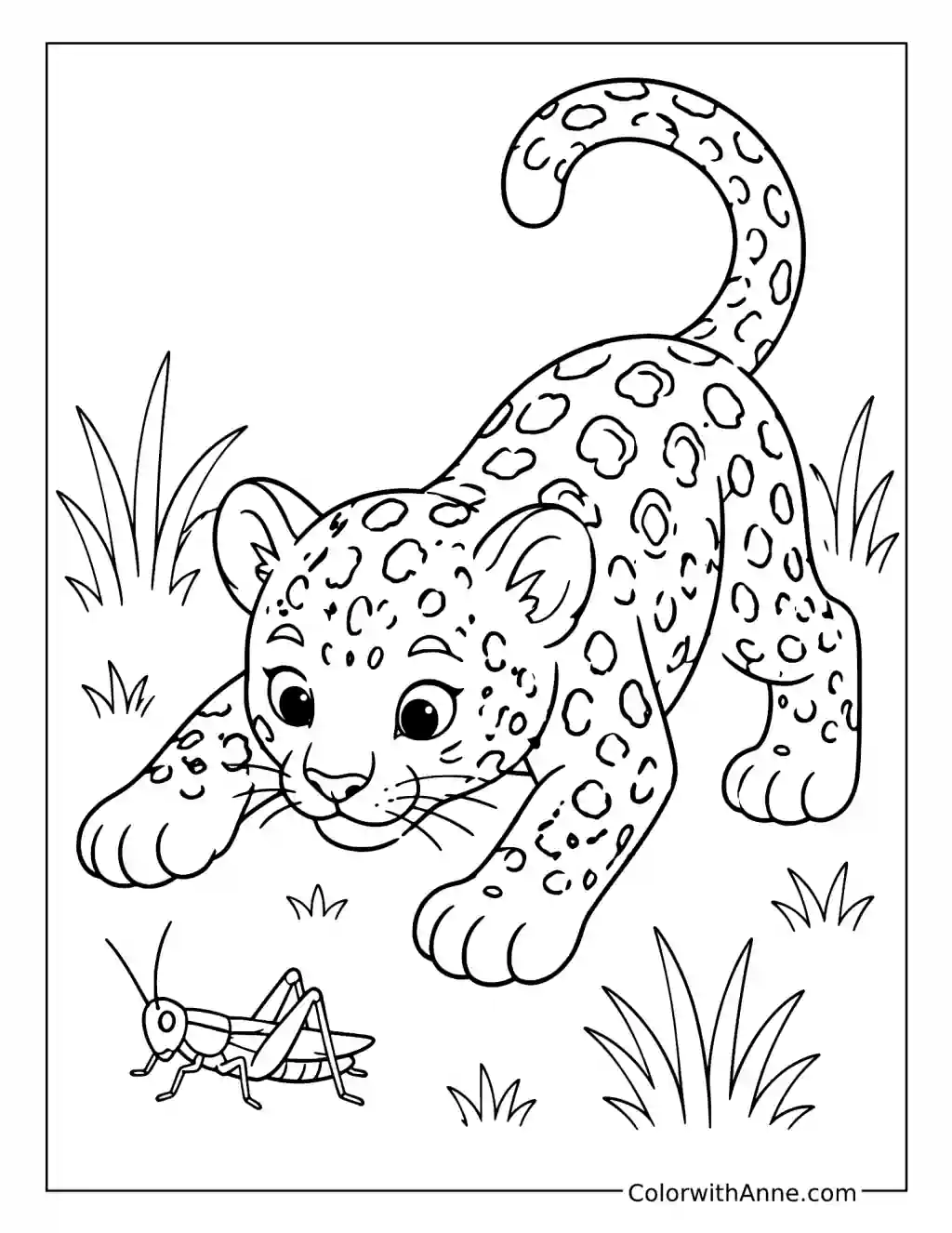 Playful Leopard Cub Pouncing at a Grasshopper coloring page