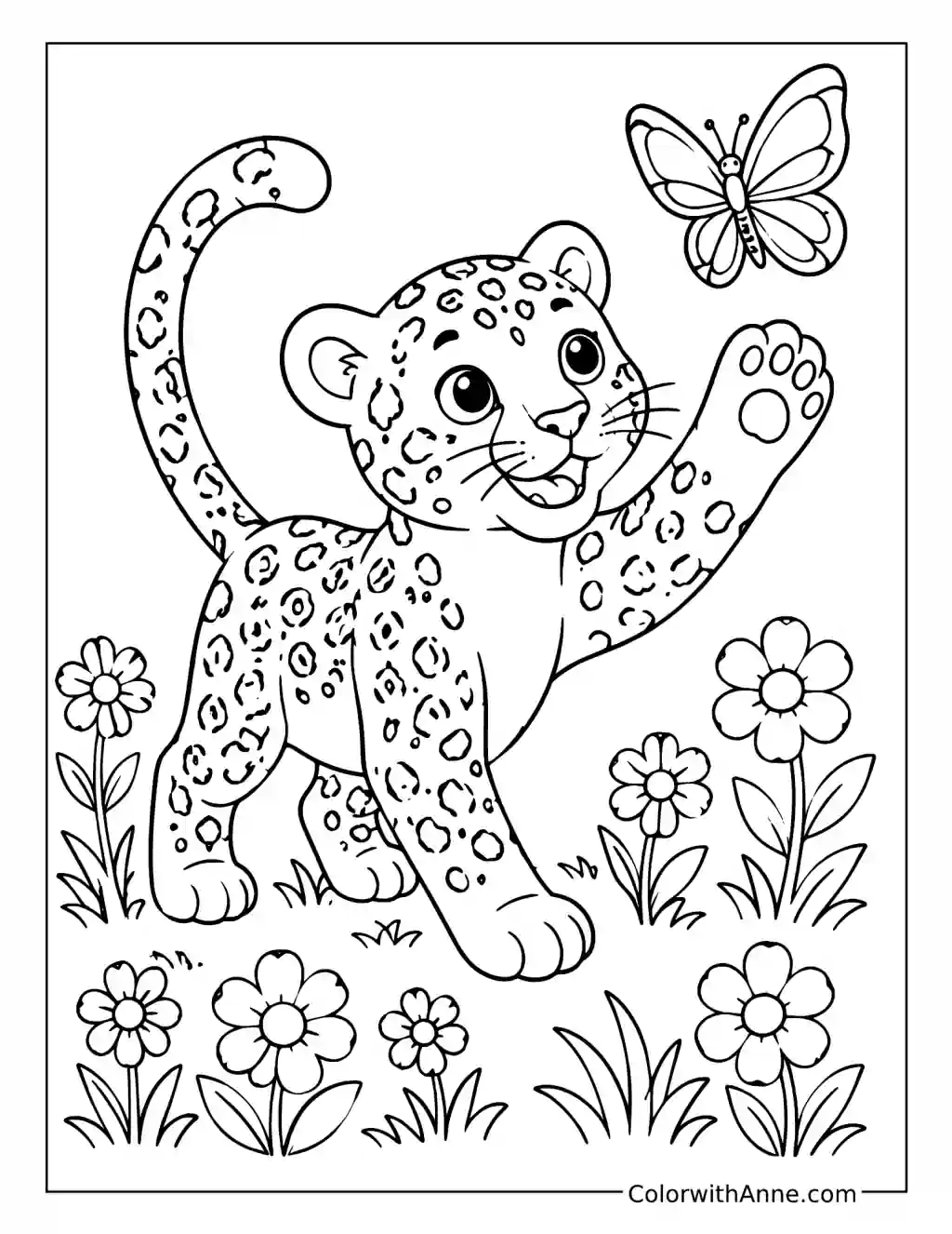 Playful Leopard Cub with a Butterfly coloring page