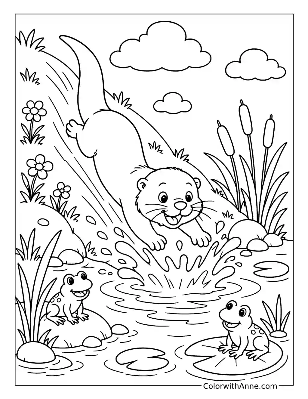 Playful Otter Sliding into the Pond coloring page