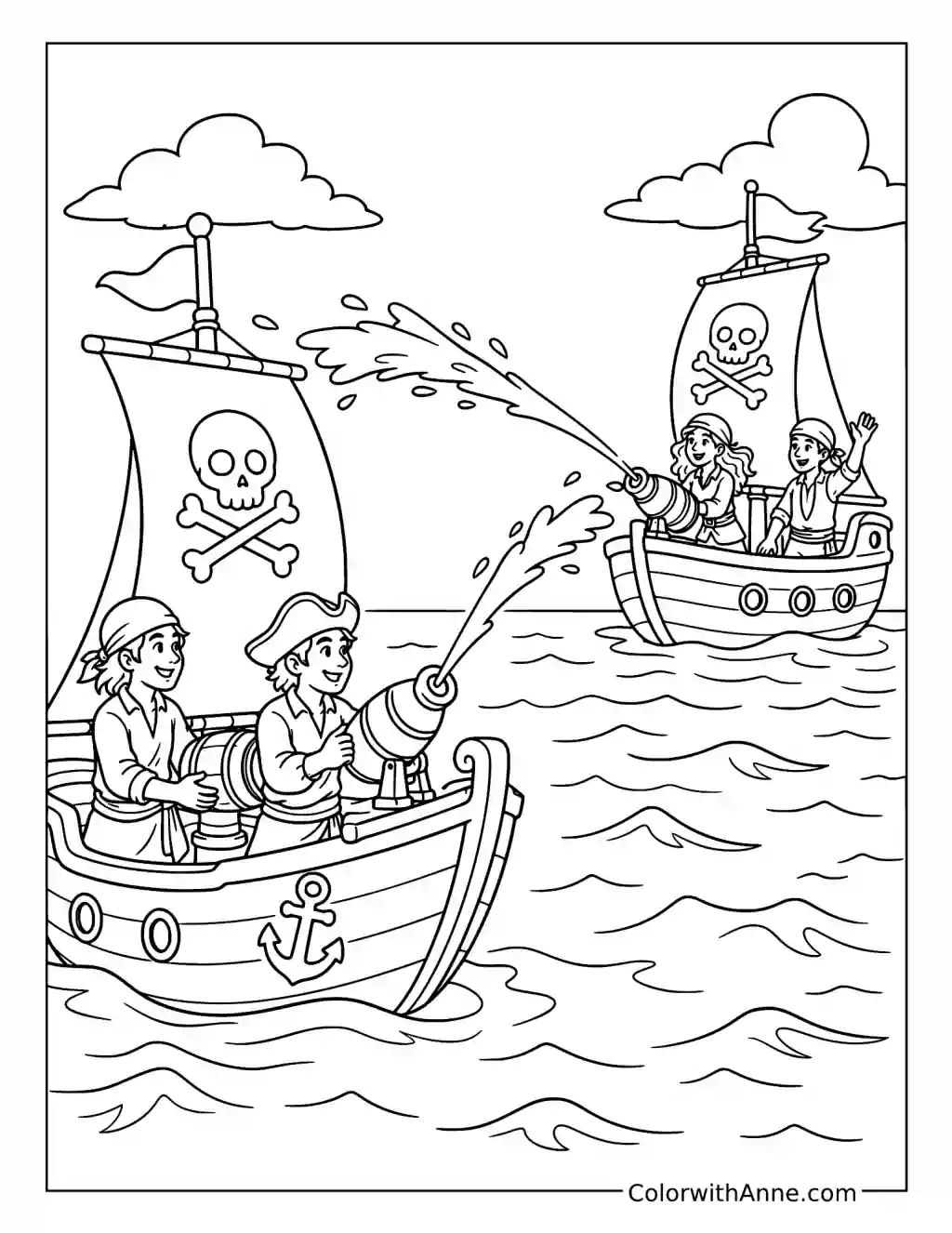 Playful Pirate Boats’ Water Cannon Game coloring page