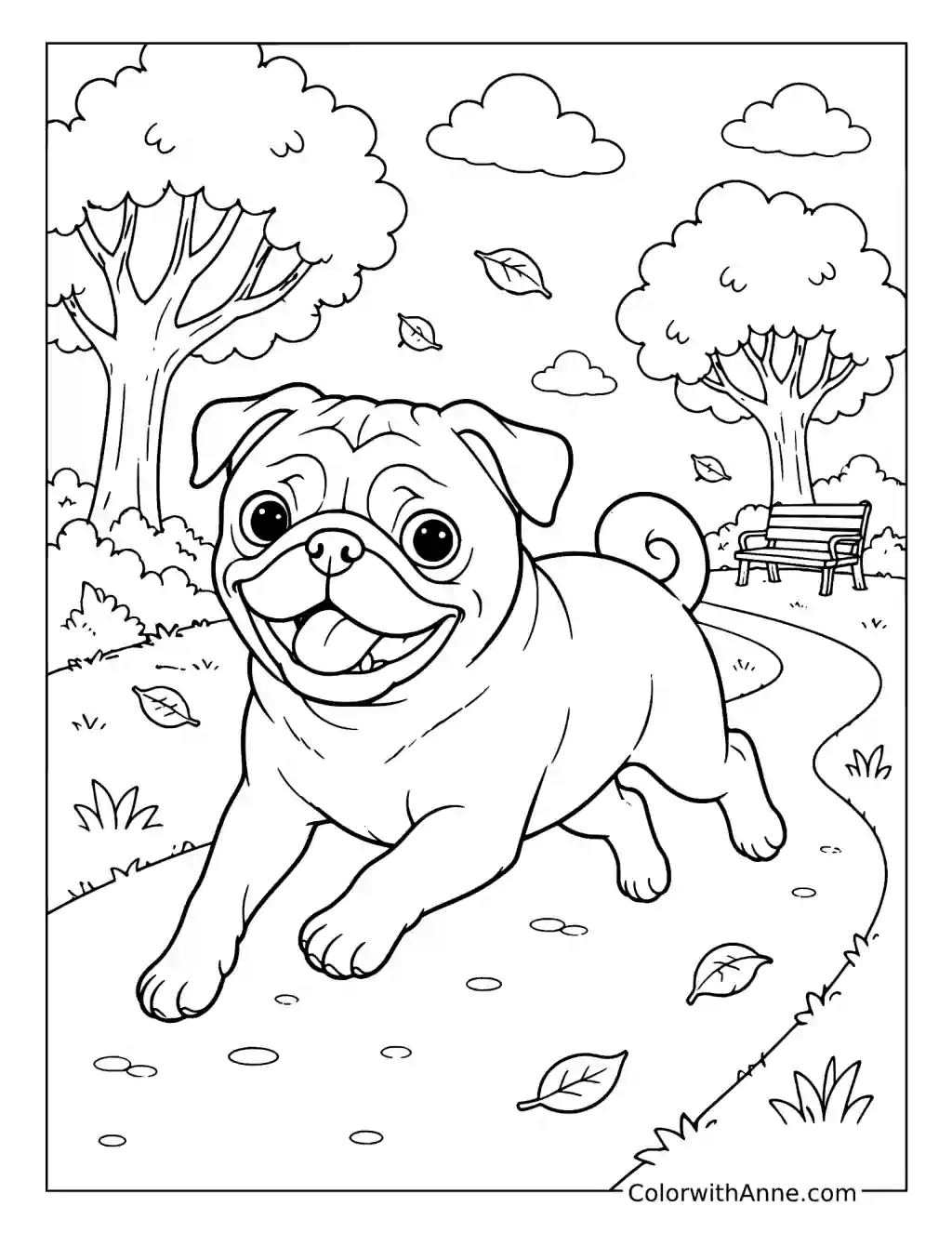 Playful Pug Running in the Park coloring page