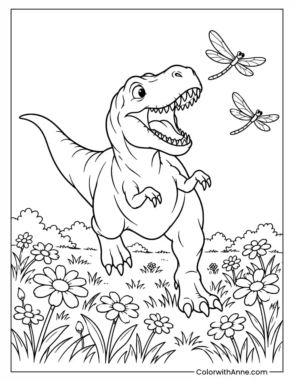 Playful T-Rex Chasing Dragonflies in a Flower Field Coloring Page