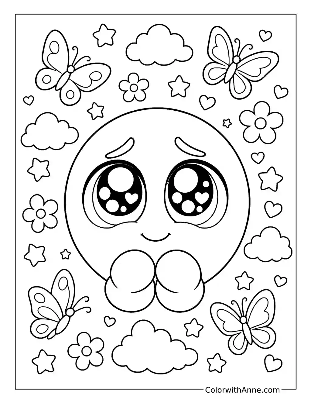 Pleading Emoji with Butterflies and Flowers coloring page