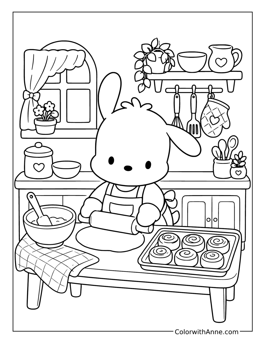 Pochacco Baking Cinnamon Rolls in a Cozy Kitchen coloring page