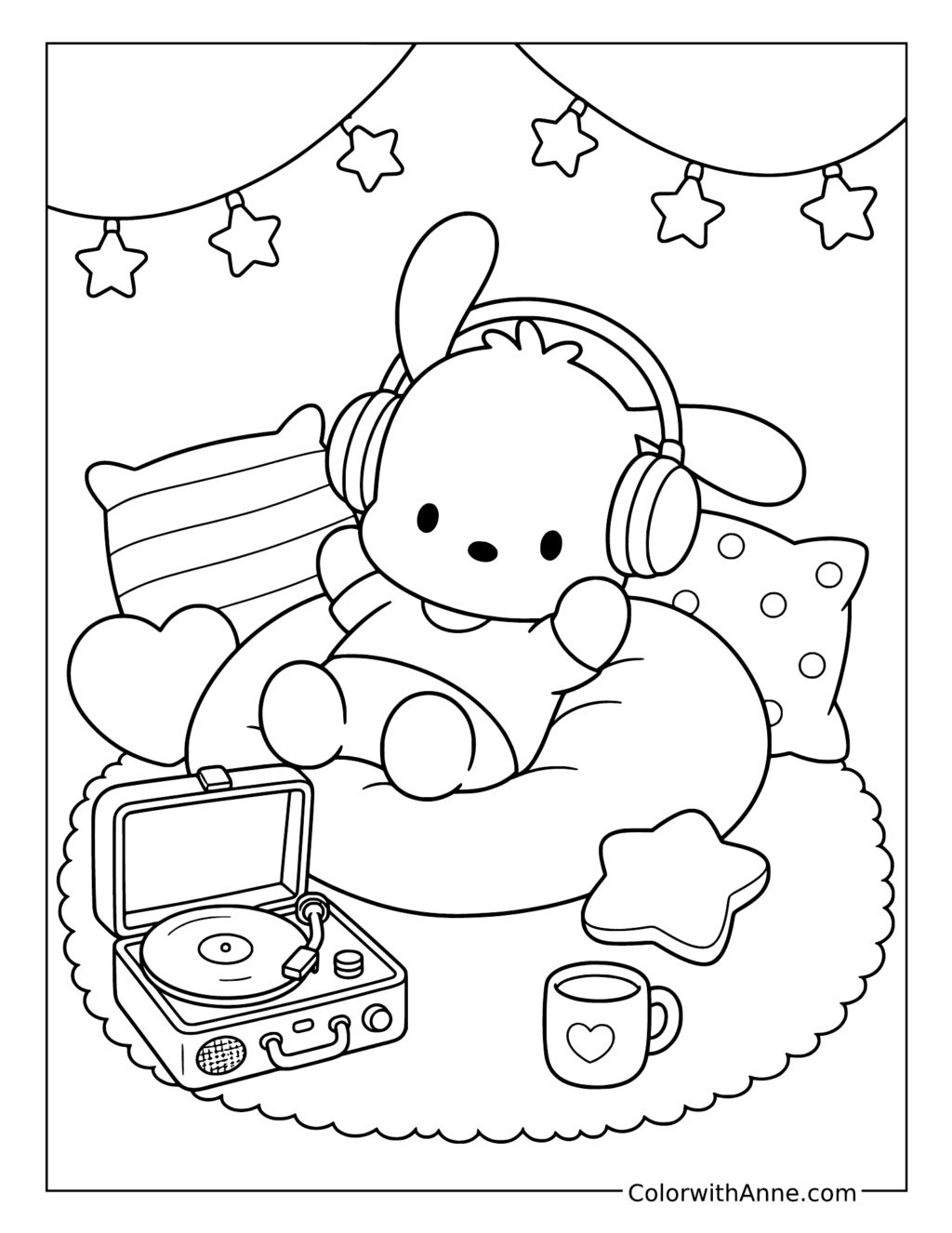 Pochacco Listening to Music in a Cozy Room coloring page