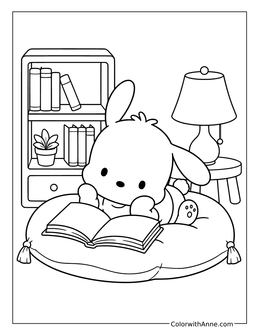 Pochacco Reading on a Cozy Cushion coloring page
