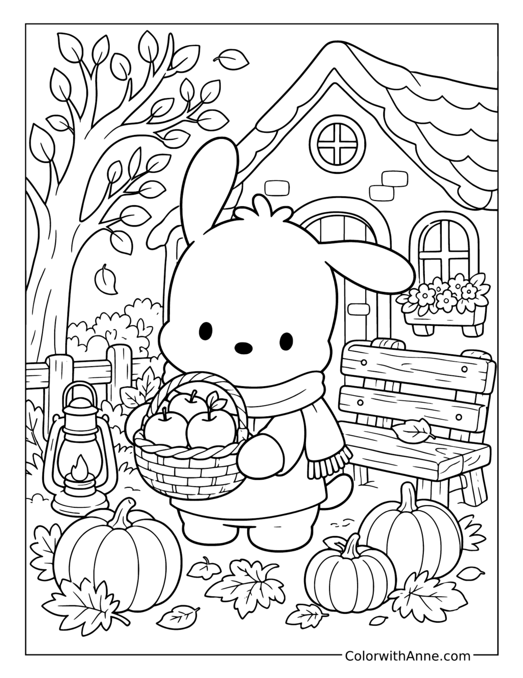 Pochacco's Cozy Autumn Apple Day coloring page