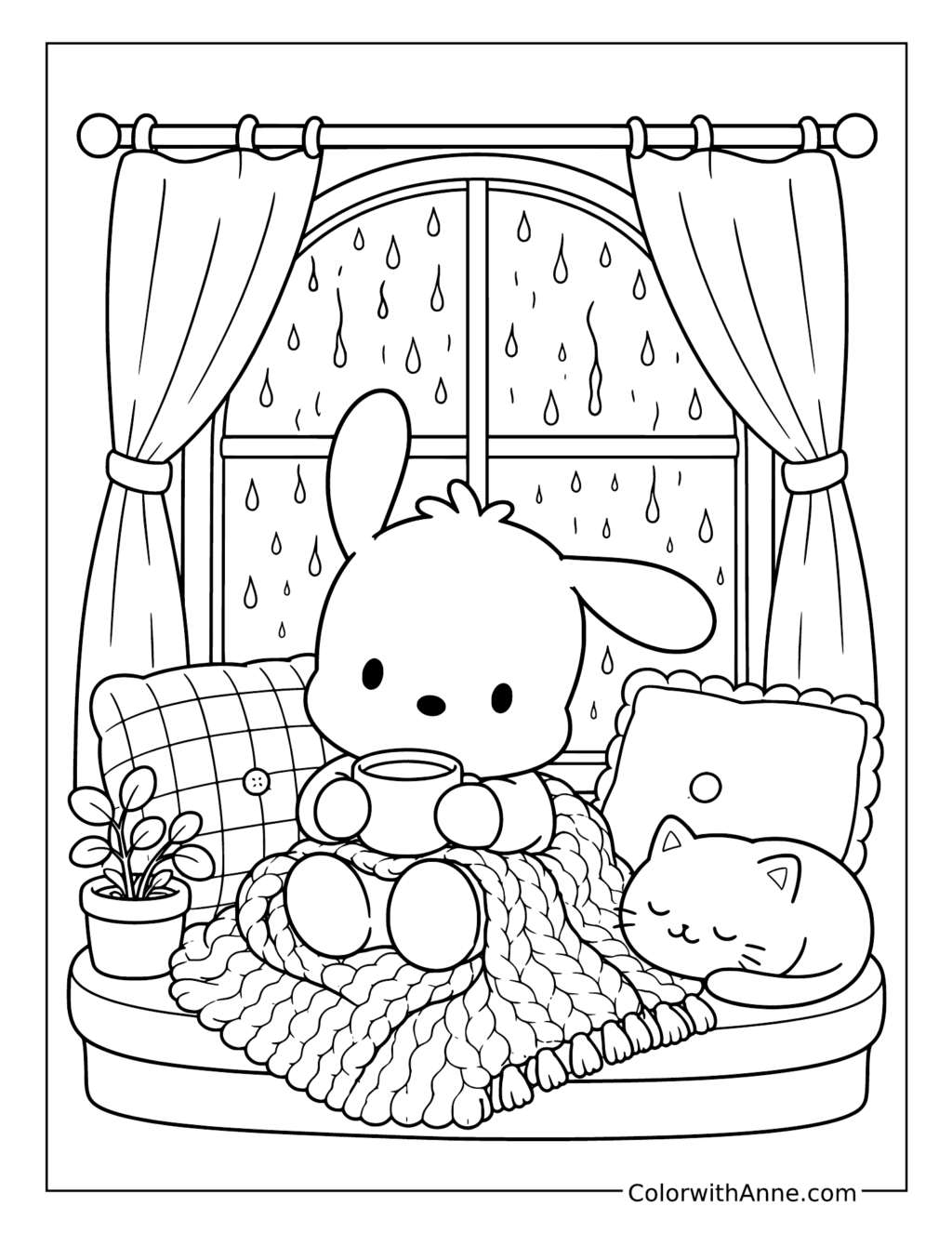 Pochacco Watching the Rain from a Cozy Window Seat coloring page