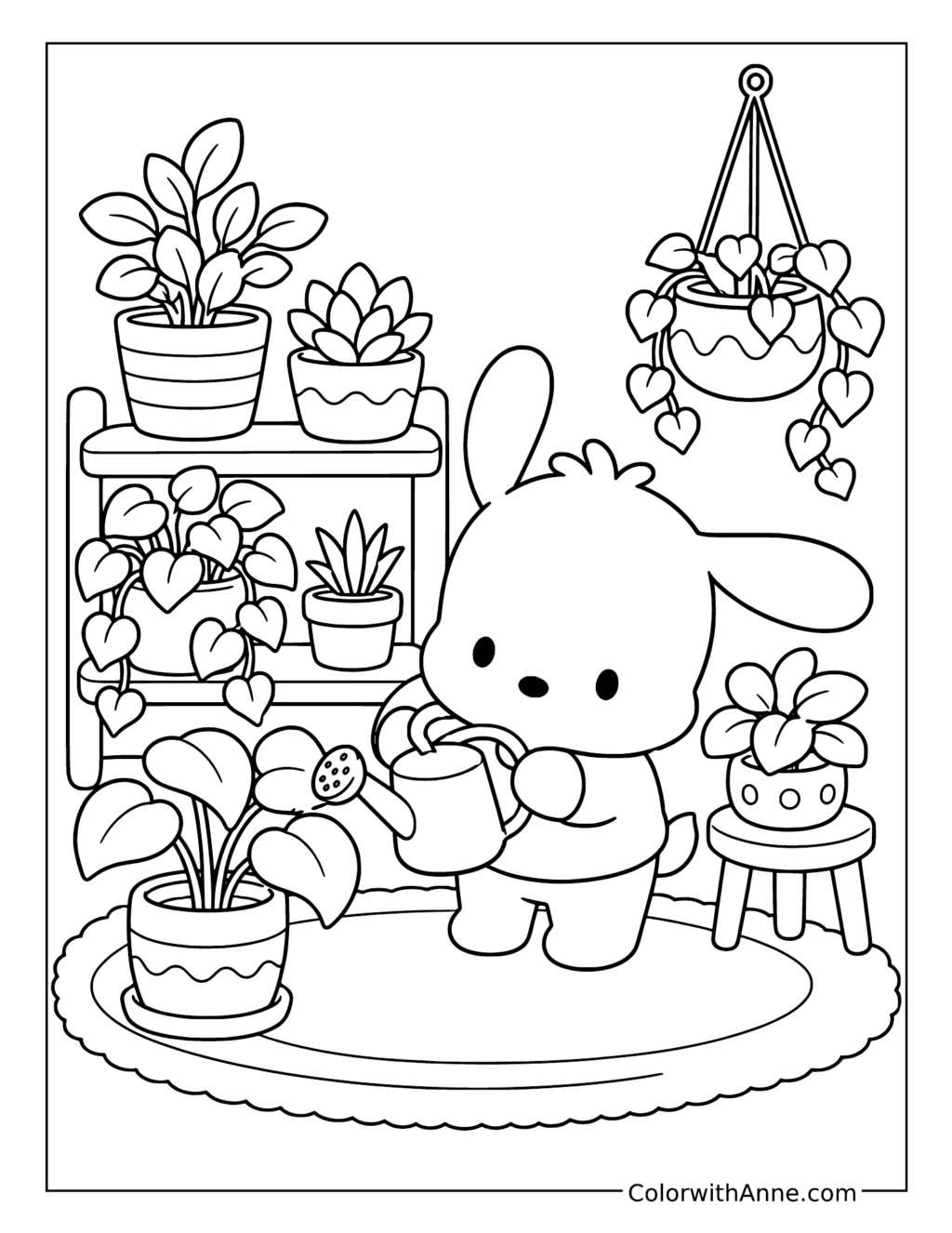 Pochacco Watering Plants in a Cozy Indoor Garden coloring page