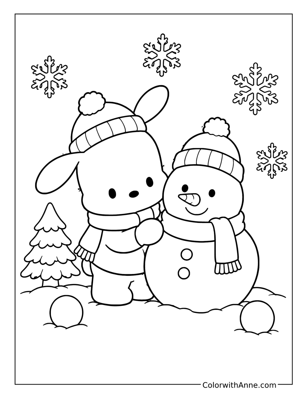 Pochacco Winter Snowman coloring page