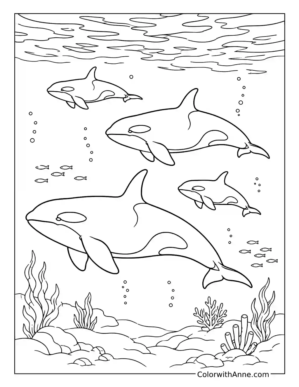 Pod of Orcas in the Open Ocean coloring page
