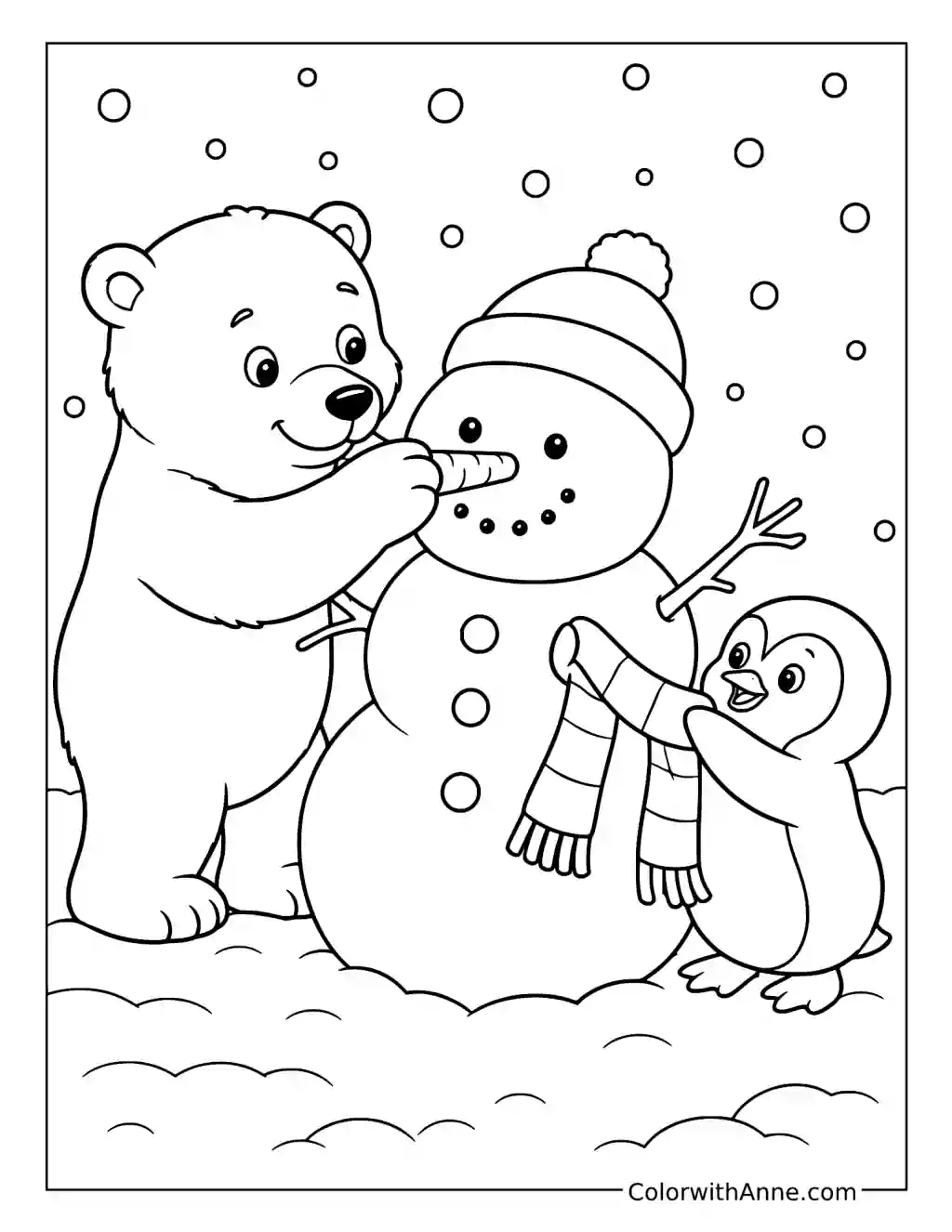 Polar Bear and Penguin Building a Snowman coloring page