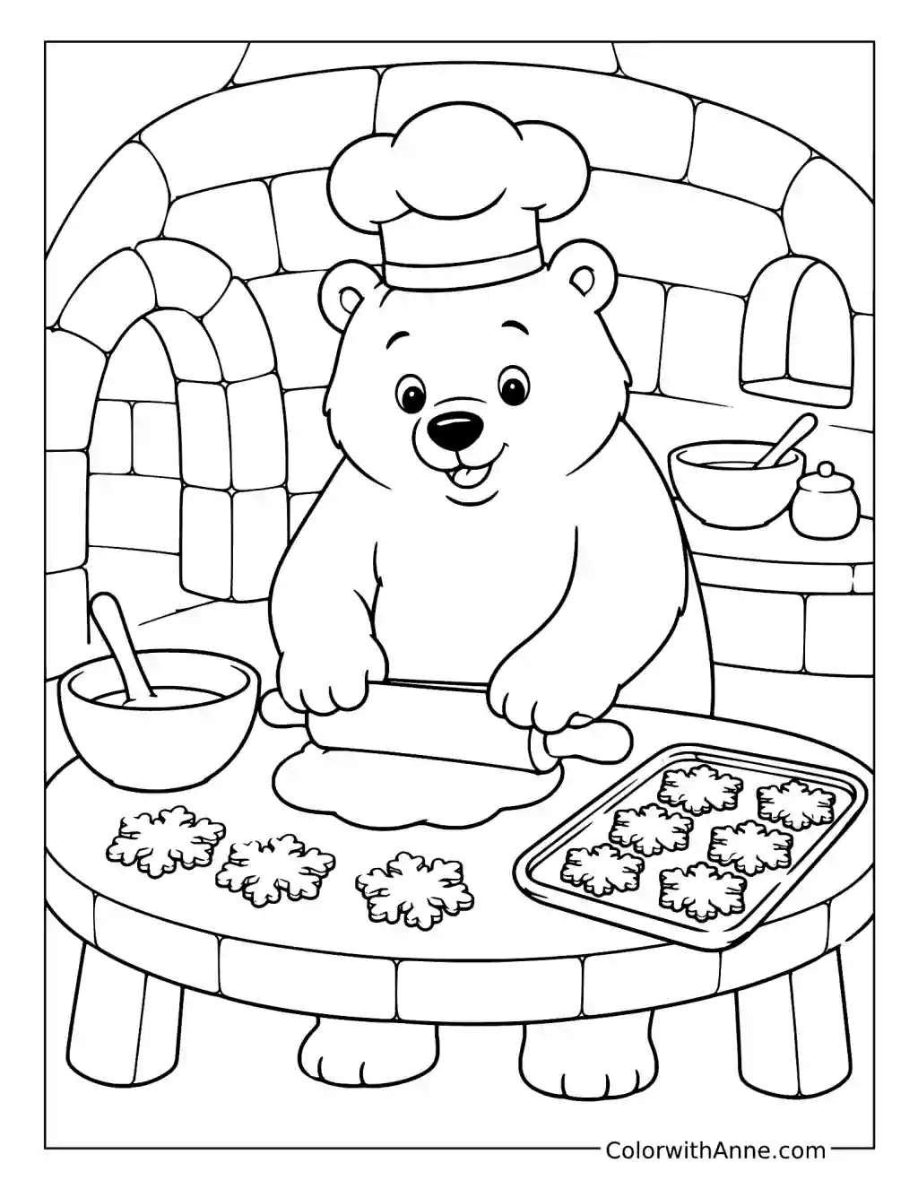 Polar Bear Chef Making Snowflake Cookies coloring page