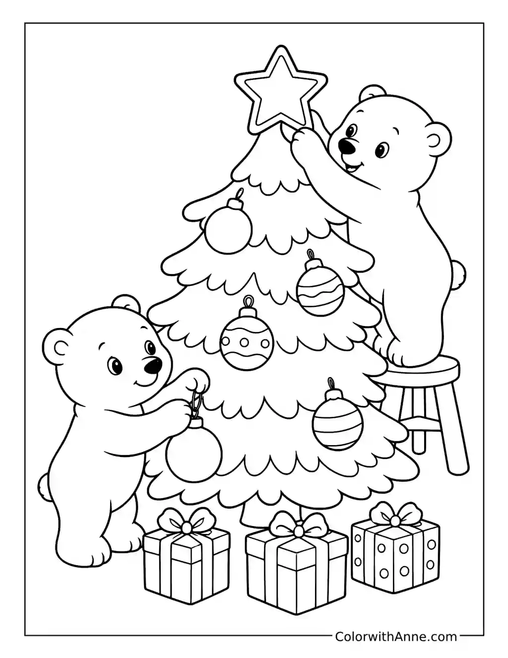 Polar Bear Cubs Decorating a Christmas Tree coloring page