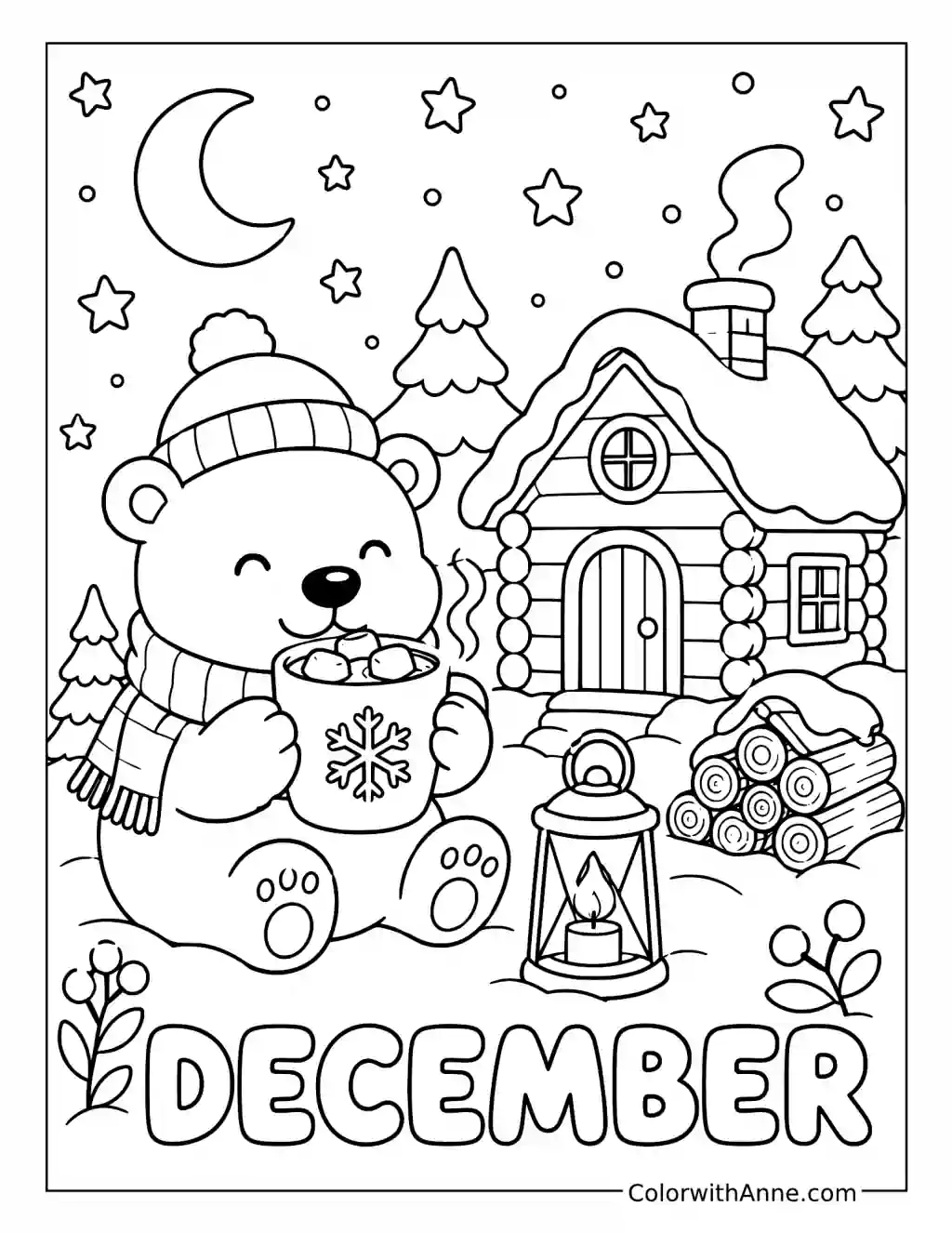 Polar Bear Drinking Hot Cocoa by a Cabin coloring page